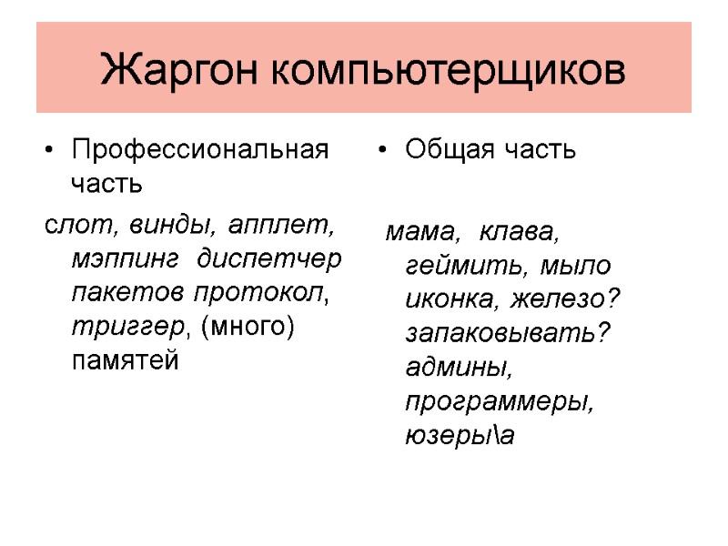 Жаргон компьютерщиков  Профессиональная часть    слот, винды, апплет, мэппинг  диспетчер